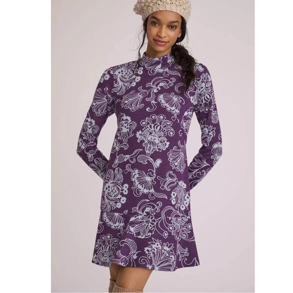 New Anthropologie Mock Neck Floral Long Sleeve Mini Dress $140 SMALL Purple